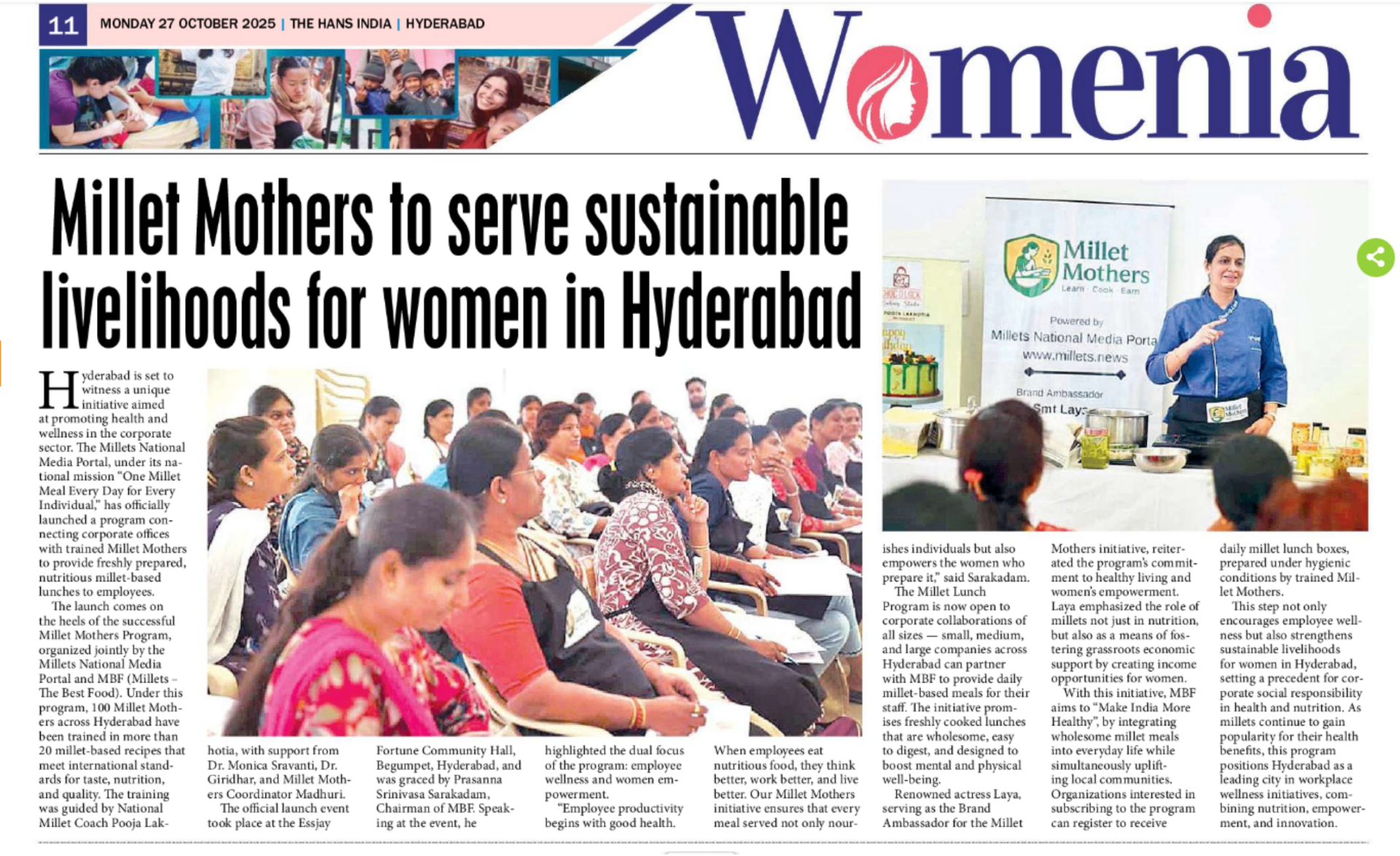 Hans India — Womenia — Millet Mothers to serve sustainable livelihoods for women in Hyderabad