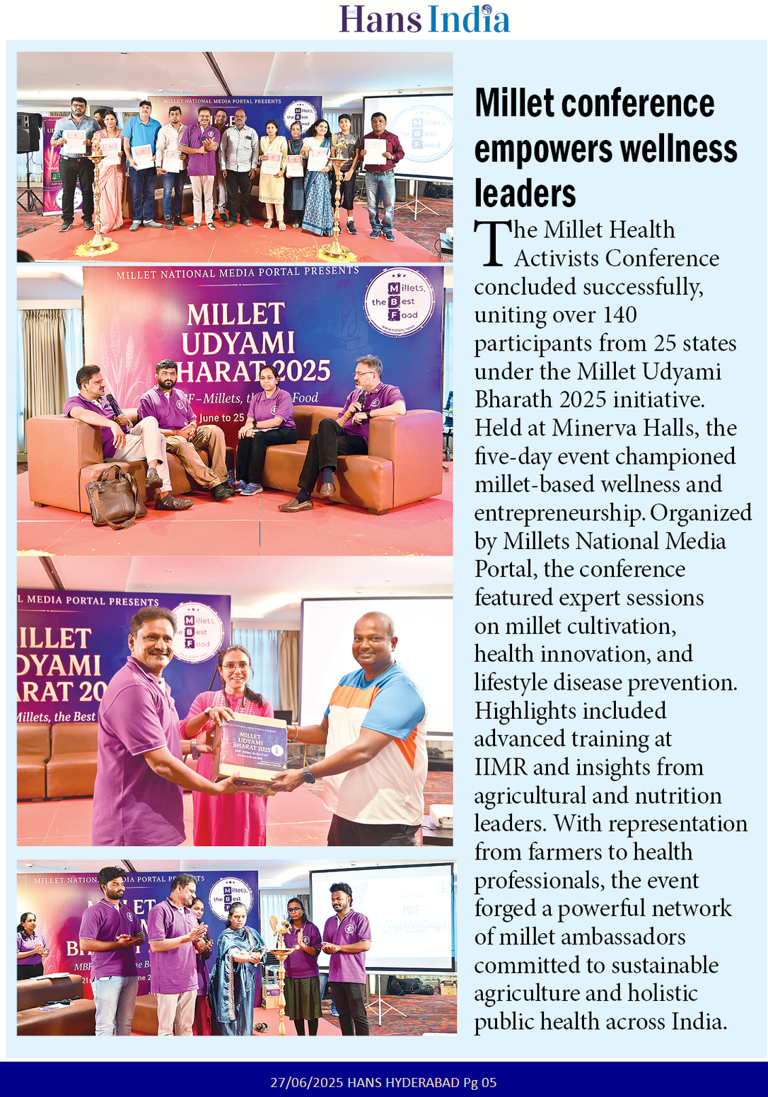 The Hans India — Millet Conference Empowers Wellness Leaders — Millet Udyami Bharat 2025