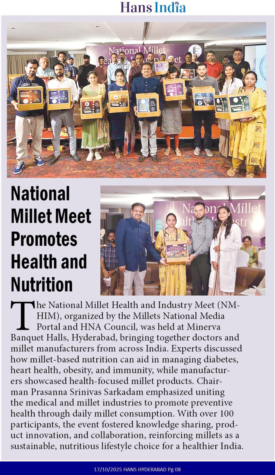 Hans India — National Millet Meet Promotes Health and Nutrition — NMHIM at Minerva Banquet Halls