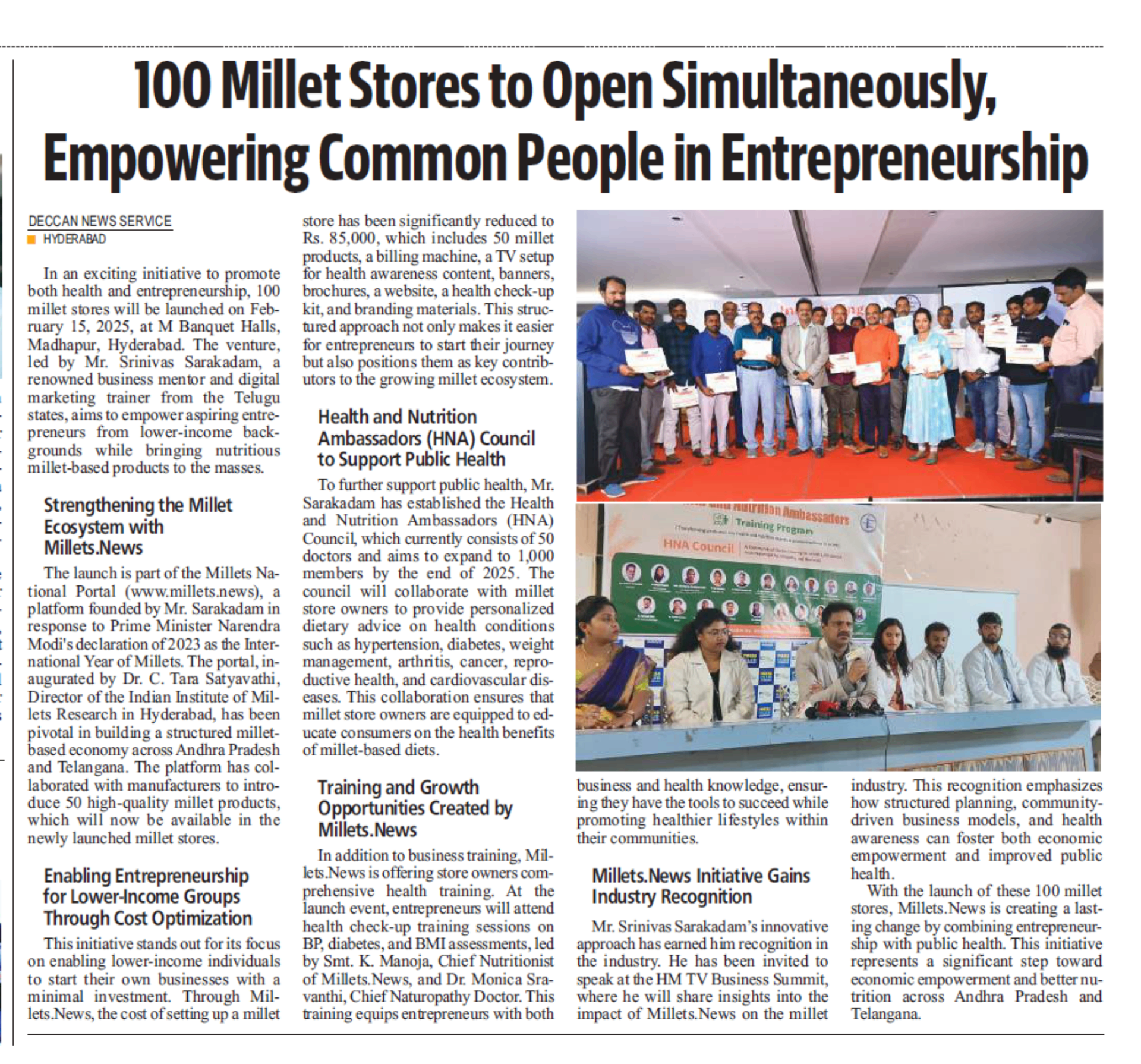 Deccan Chronicle — 100 Millet Stores to Open Simultaneously, Empowering Common People in Entrepreneurship