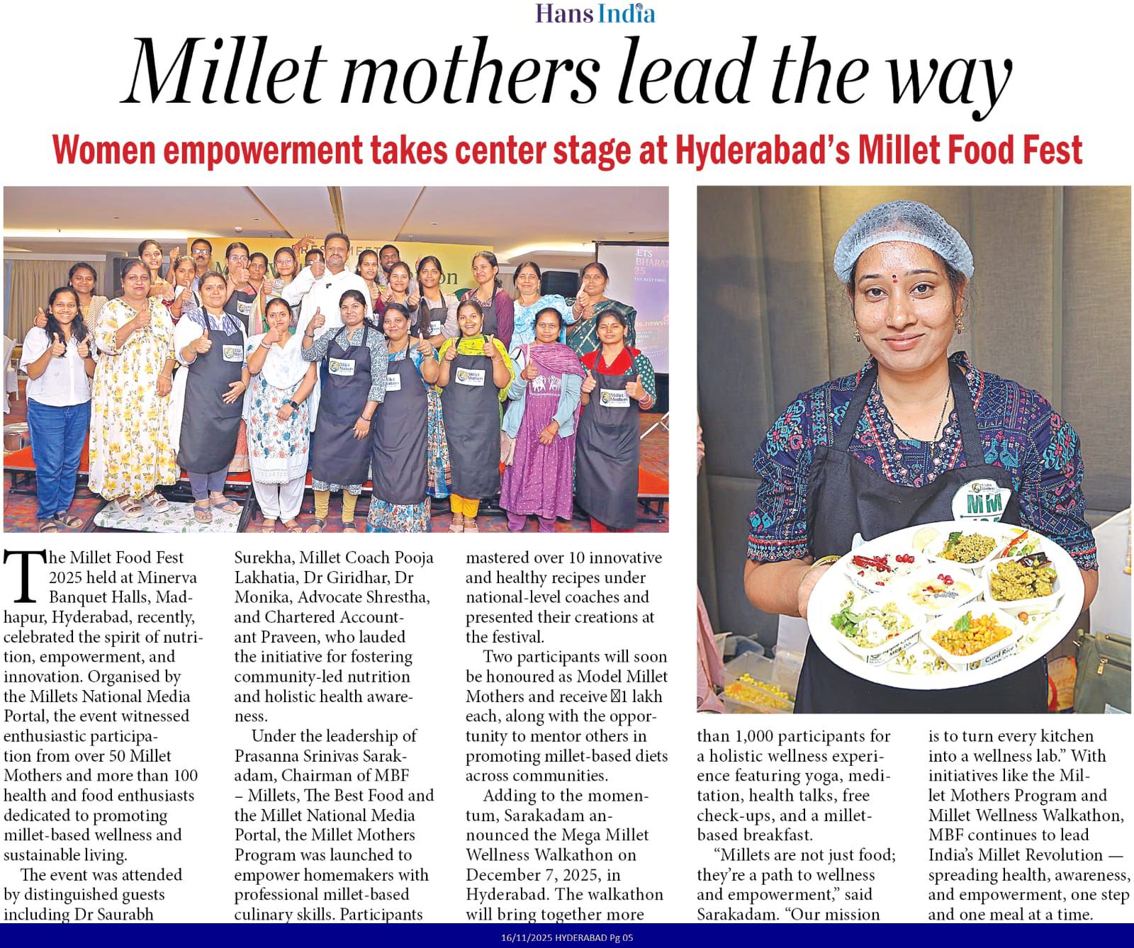 Hans India — Millet Mothers Lead the Way — Women empowerment takes center stage at Millet Food Fest